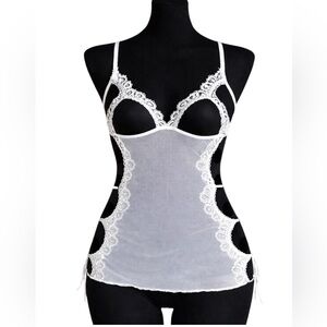 VTG Lovers Lane Sheer Lace Peekaboo Cup Babydoll Lingerie Mesh Ivory White Lace